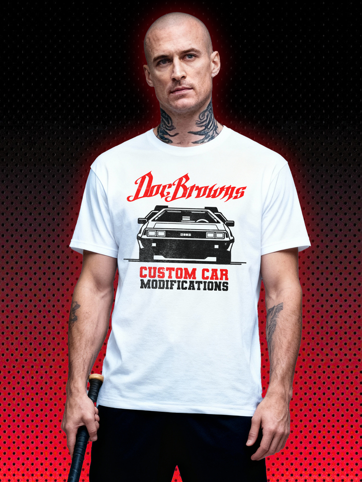 DOC BROWNS CUSTOM CAR MODIFICATIONS | BACK TO THE FUTURE - ZURÜCK IN DIE ZUKUNFT -MICHAEL J FOX | T-SHIRT